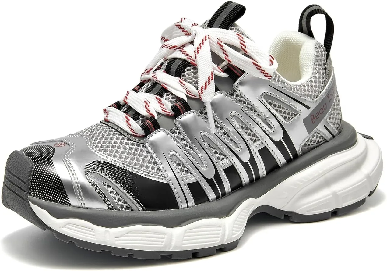 BEAU TODAY Women's Walking Shoes, Chunky Platform Fashion Sneakers for Women, Comfortable Casual Lightweight Lace-up Gym Workout Athletic Tennis Shoes