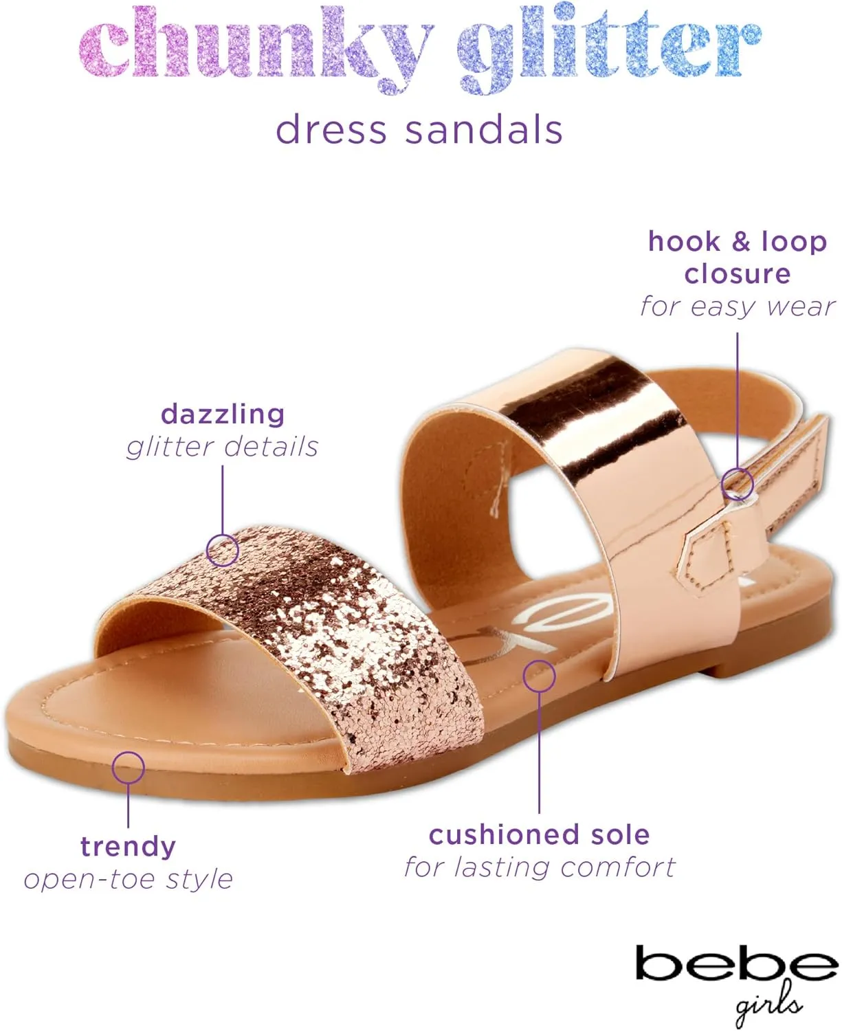 bebe Girls Sandals - Big girl and Toddler Girl Sandals with Durable Leather and Glitter Straps, Summer Dress Shoes for Girls