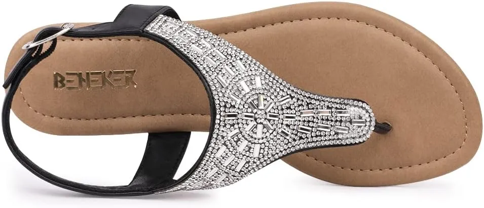 BENEKER Women's Rhinestone Thong Flat Sandals T-Strap Fashion Sandals Ankle Strap Summer Gladiator Sandals