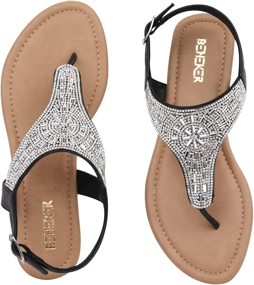 BENEKER Women's Rhinestone Thong Flat Sandals T-Strap Fashion Sandals Ankle Strap Summer Gladiator Sandals