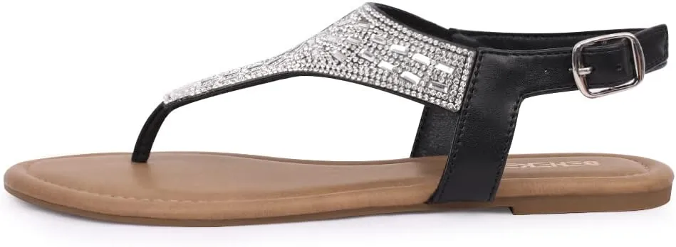 BENEKER Women's Rhinestone Thong Flat Sandals T-Strap Fashion Sandals Ankle Strap Summer Gladiator Sandals