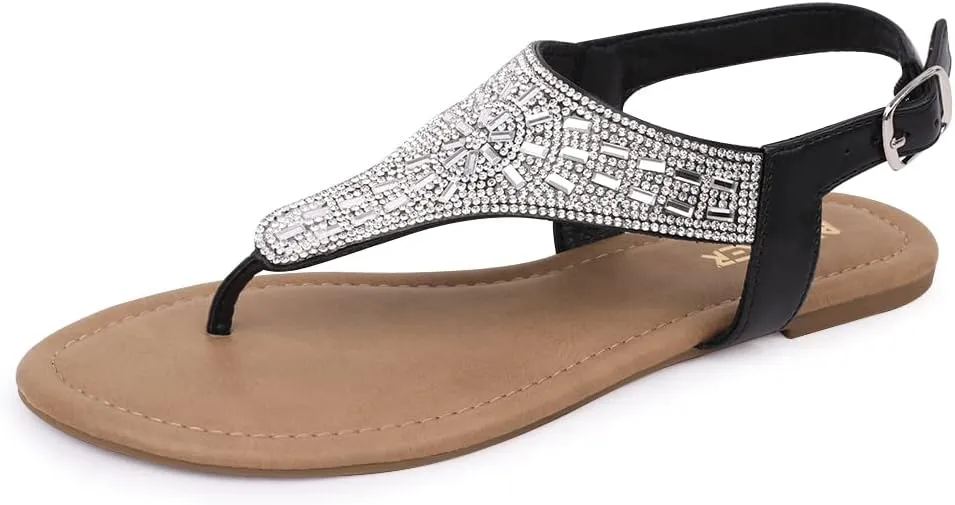 BENEKER Women's Rhinestone Thong Flat Sandals T-Strap Fashion Sandals Ankle Strap Summer Gladiator Sandals