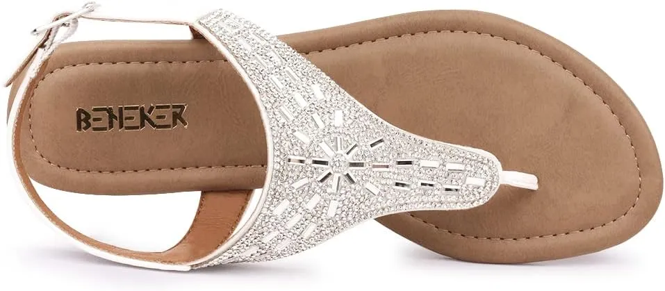 BENEKER Women's Rhinestone Thong Flat Sandals T-Strap Fashion Sandals Ankle Strap Summer Gladiator Sandals