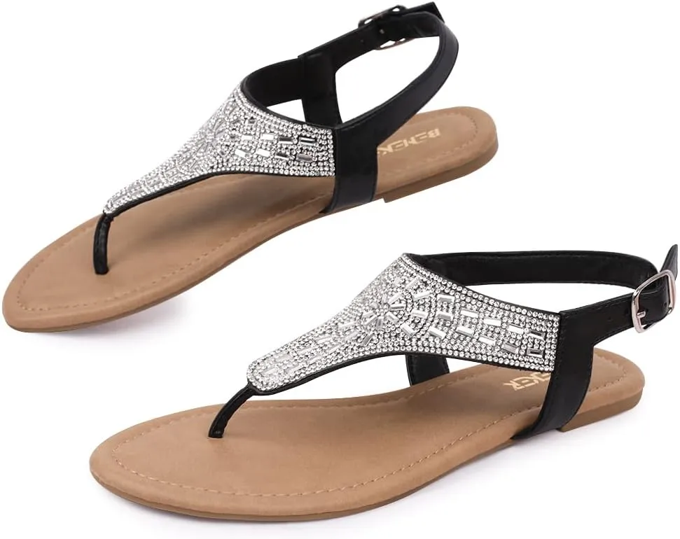 BENEKER Women's Rhinestone Thong Flat Sandals T-Strap Fashion Sandals Ankle Strap Summer Gladiator Sandals