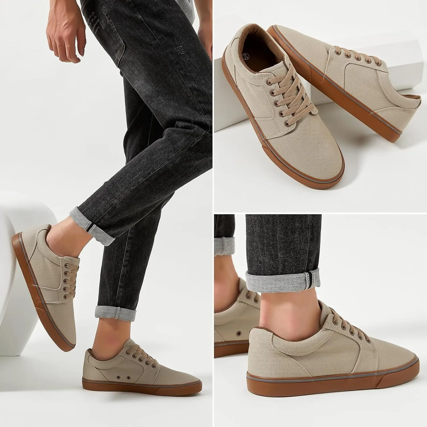 BENPAO Mens White Casual Shoes All Black Fashion Sneakers for Men Low Top Lace Up Canvas Shoes