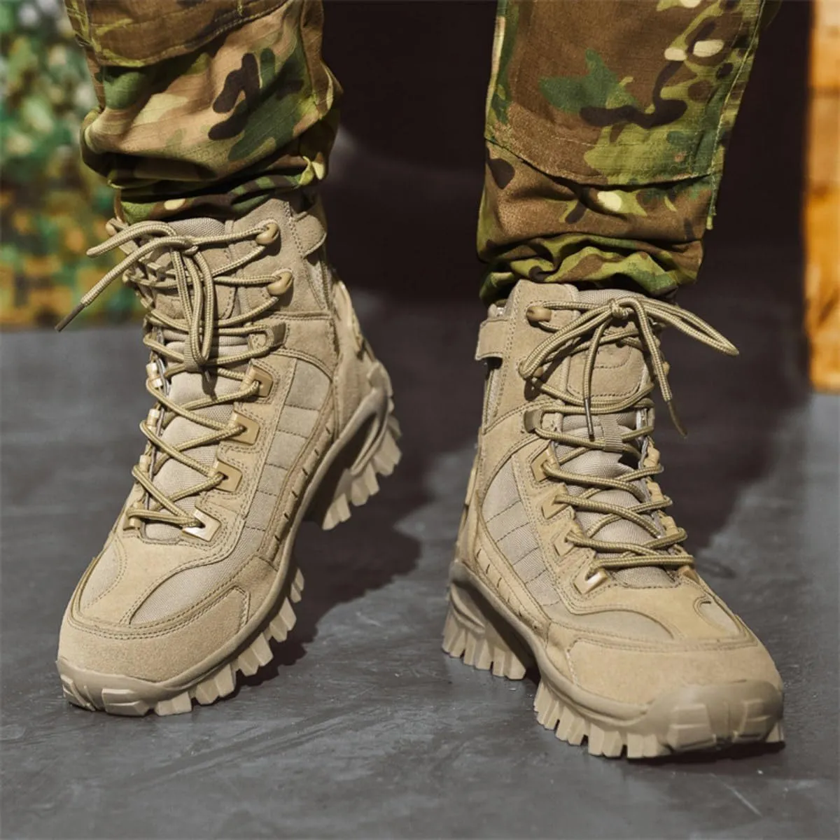 Bitiger Men's Combat Boots with Side Zipper Velcro and Casual Outdoor Mountaineering Trekking Commando Tactical Boots