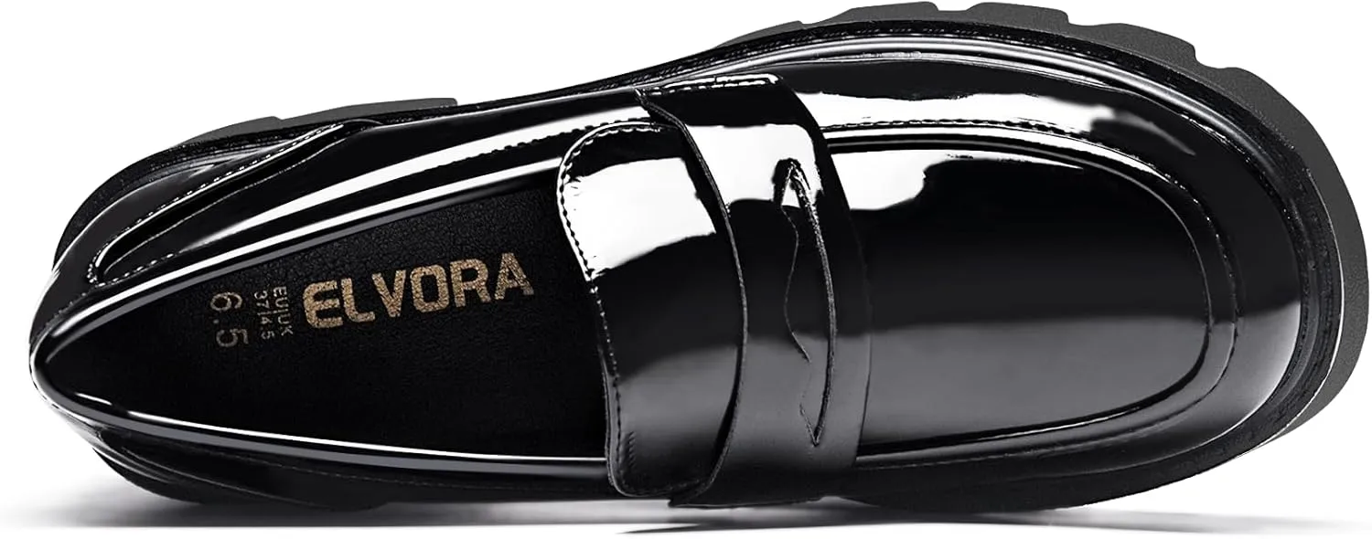 Black Penny Loafers for Women - Women's Slip-On Platform Patent Leather Loafers, Chunky Comfort Shoes for Work & Dressy Occasions