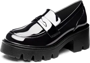 Black Penny Loafers for Women - Women's Slip-On Platform Patent Leather Loafers, Chunky Comfort Shoes for Work & Dressy Occasions