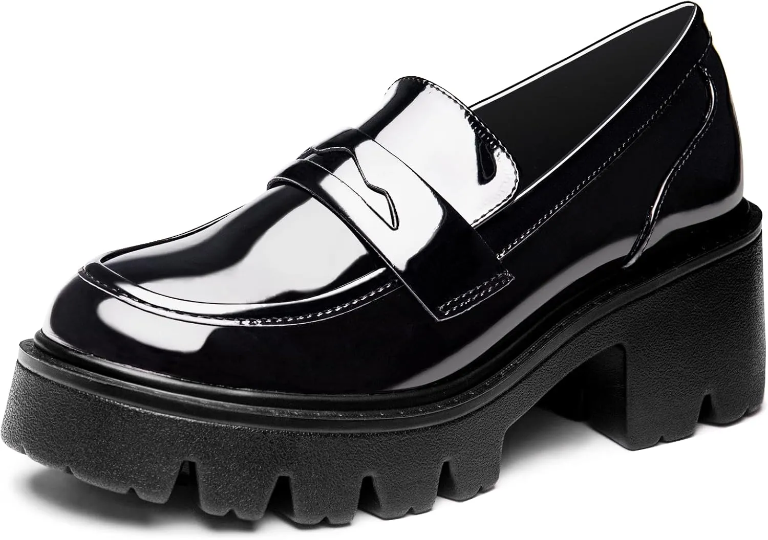 Black Penny Loafers for Women - Women's Slip-On Platform Patent Leather Loafers, Chunky Comfort Shoes for Work & Dressy Occasions