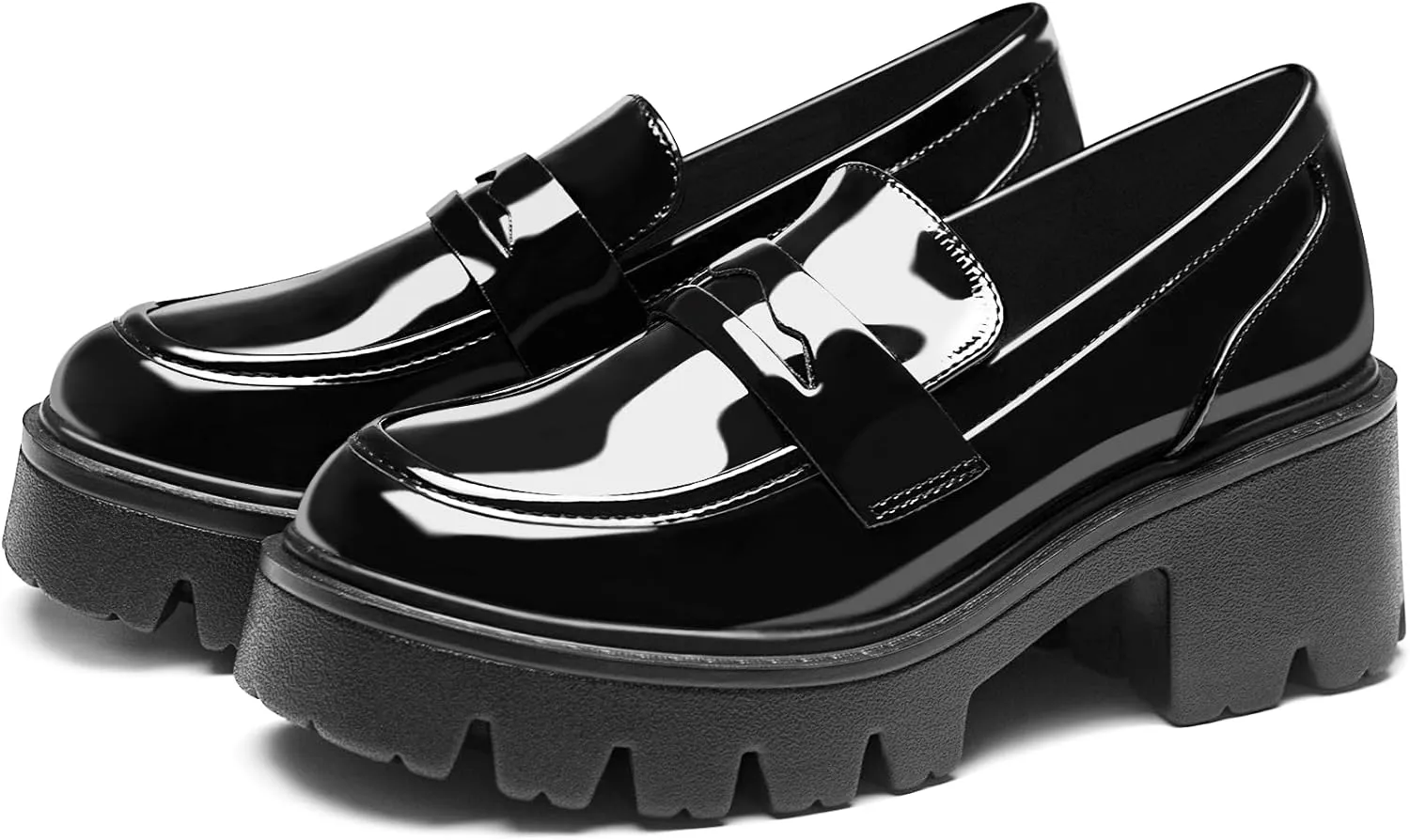 Black Penny Loafers for Women - Women's Slip-On Platform Patent Leather Loafers, Chunky Comfort Shoes for Work & Dressy Occasions