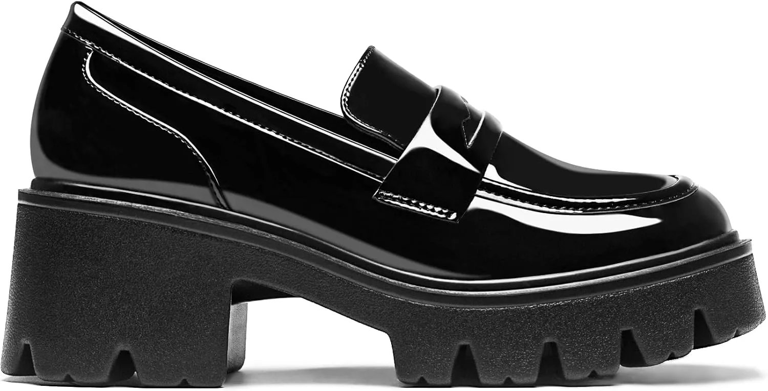 Black Penny Loafers for Women - Women's Slip-On Platform Patent Leather Loafers, Chunky Comfort Shoes for Work & Dressy Occasions