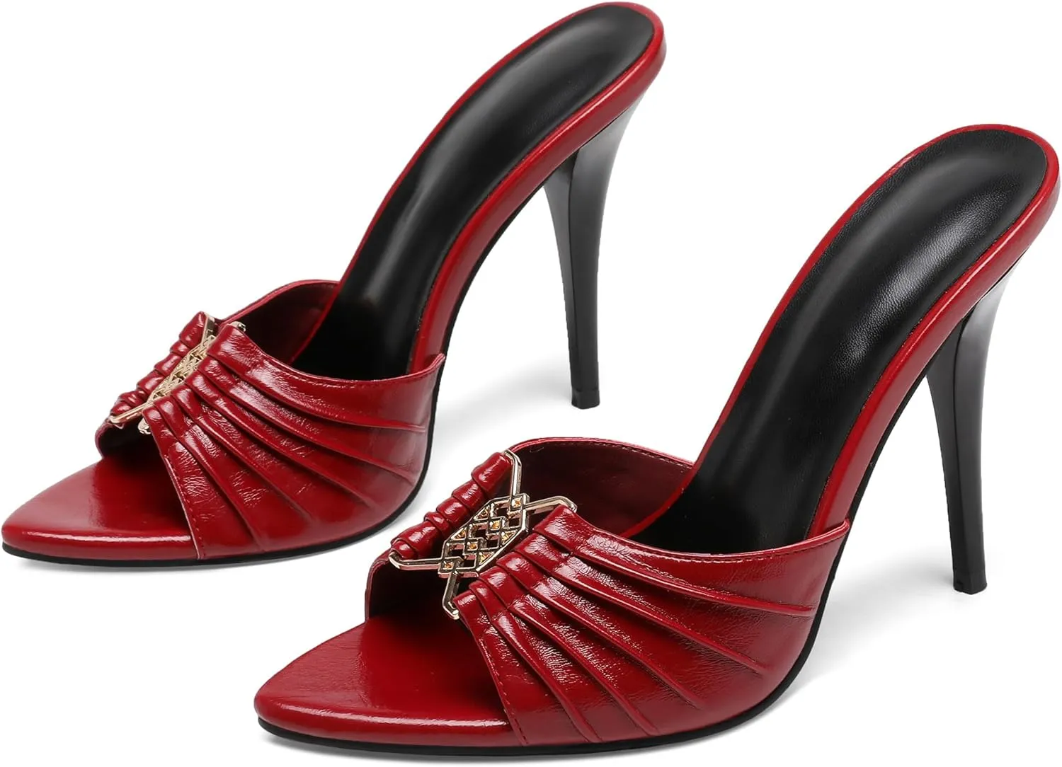 Black Ruched Mules Heels for Women Comfortable Pointed Peep Open Toe Slip on 3 Inch Stiletto High Heels Sandals Sexy Dressy Mules Sandals.