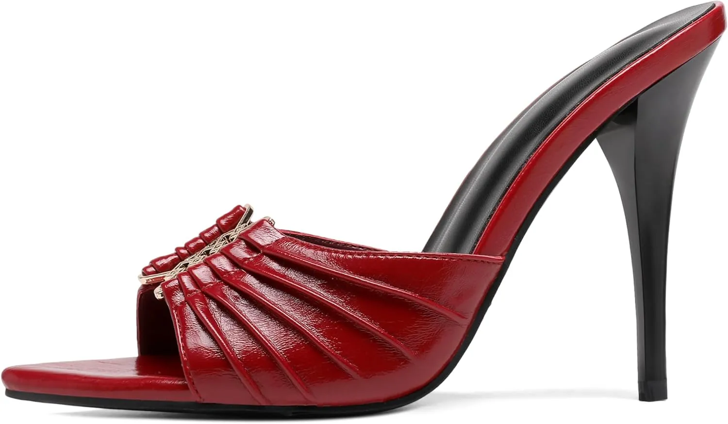 Black Ruched Mules Heels for Women Comfortable Pointed Peep Open Toe Slip on 3 Inch Stiletto High Heels Sandals Sexy Dressy Mules Sandals.