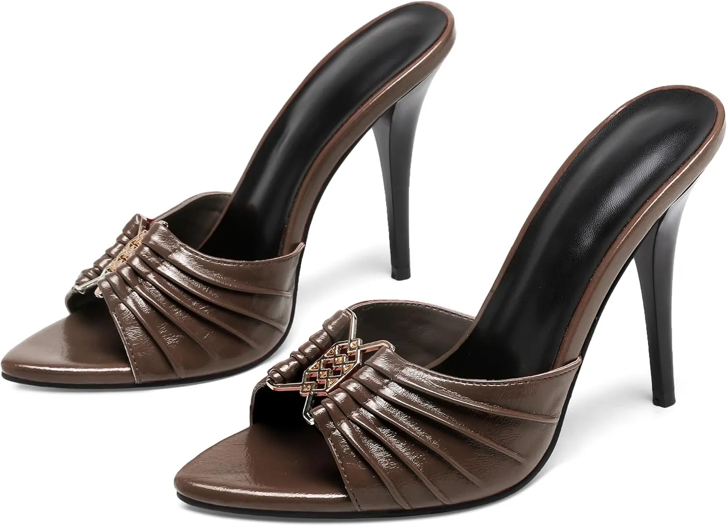 Black Ruched Mules Heels for Women Comfortable Pointed Peep Open Toe Slip on 3 Inch Stiletto High Heels Sandals Sexy Dressy Mules Sandals.