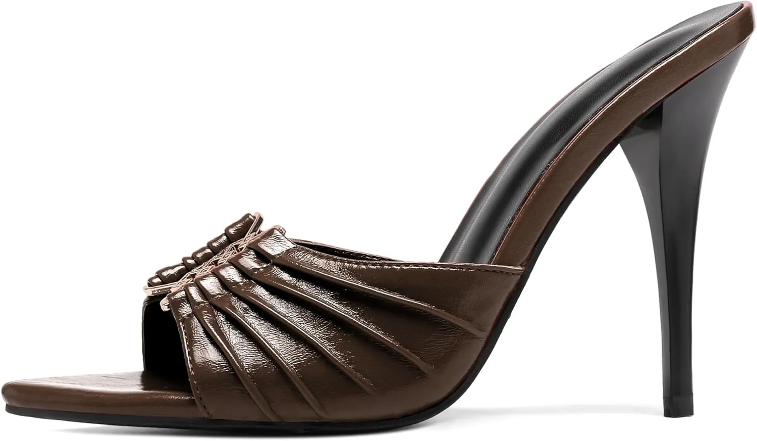 Black Ruched Mules Heels for Women Comfortable Pointed Peep Open Toe Slip on 3 Inch Stiletto High Heels Sandals Sexy Dressy Mules Sandals.