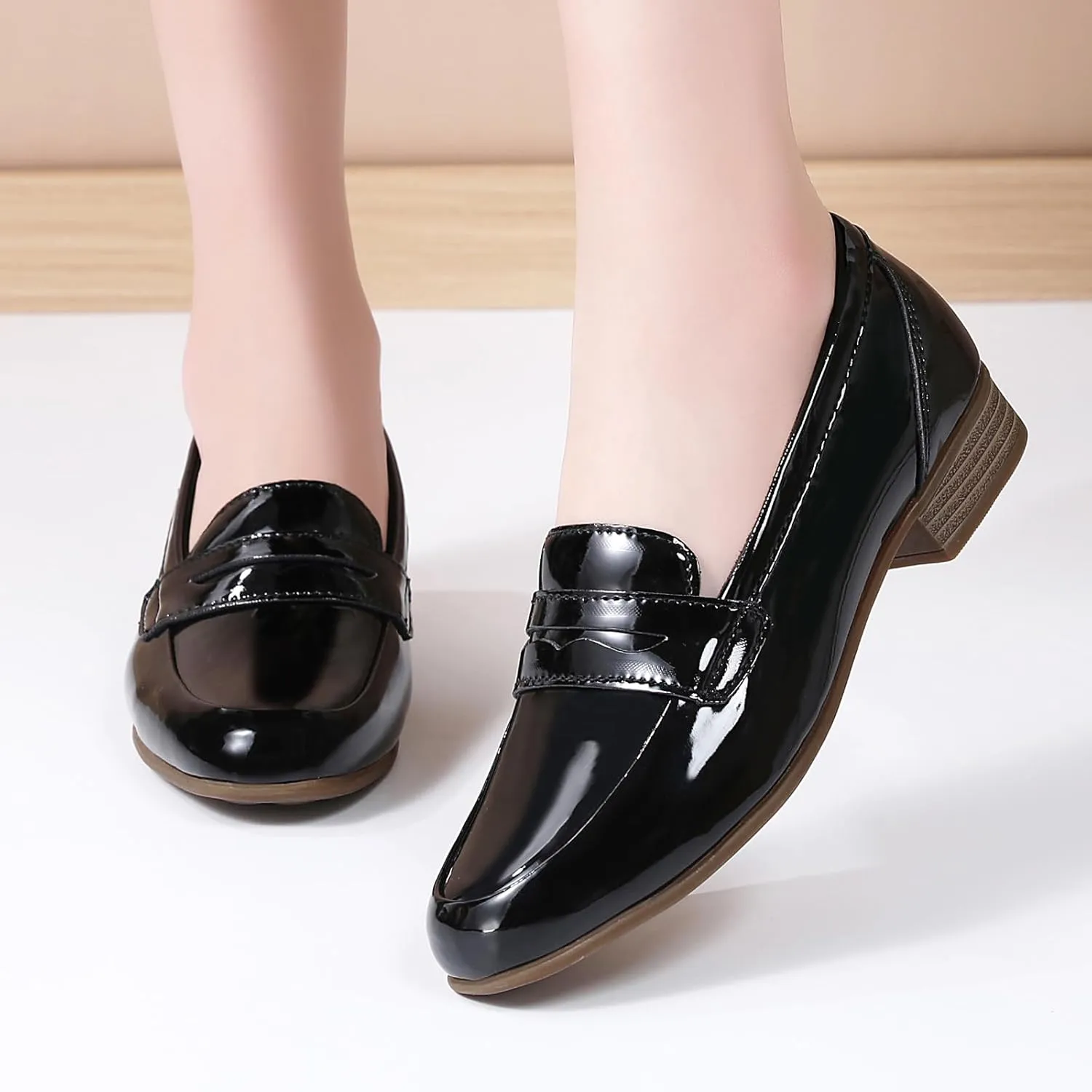 Black Women's Loafers & Slip-ons Flats Penny Round Toe Non-Slip Classic Business Casual Comfortable Dressy Office Work Slip On Shoes