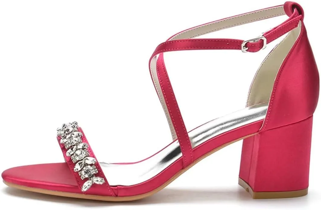 Block Heel Wedding Sandals for Birde Crystals Cross Strap Open Toe Bridal Sandal Heels