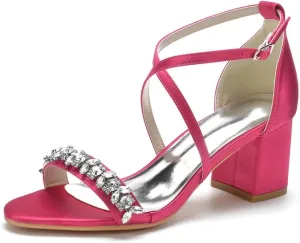 Block Heel Wedding Sandals for Birde Crystals Cross Strap Open Toe Bridal Sandal Heels
