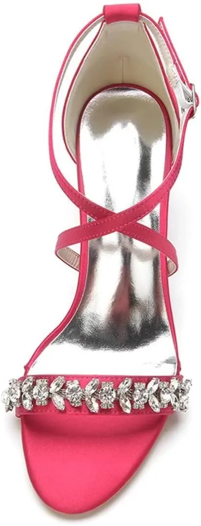 Block Heel Wedding Sandals for Birde Crystals Cross Strap Open Toe Bridal Sandal Heels