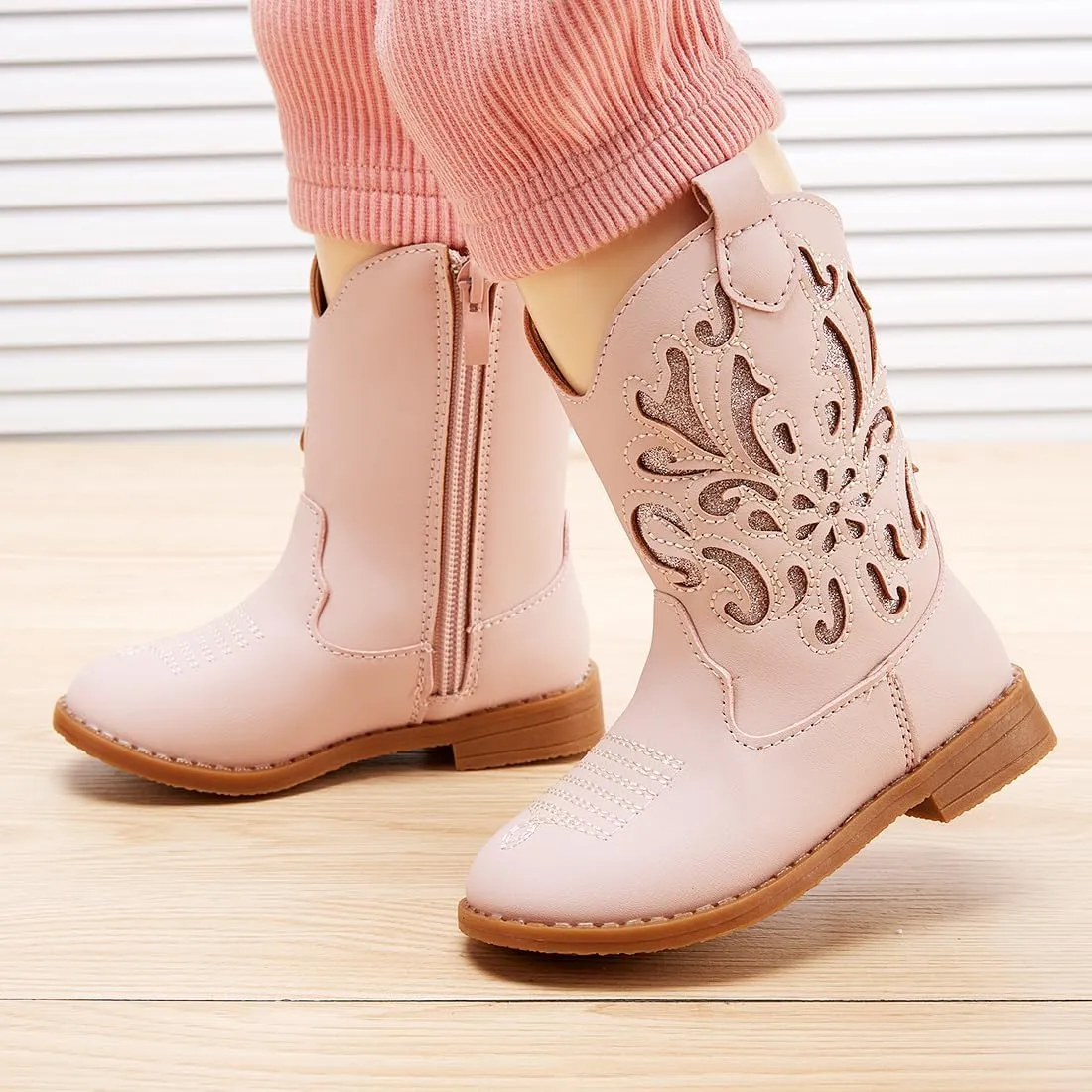 BMCiTYBM Girls Cowgirl Boots Unisex-Child Mid Calf Toddler Cowboy Boots Little Kids Western Boots Round Toe All Seasons Shoes