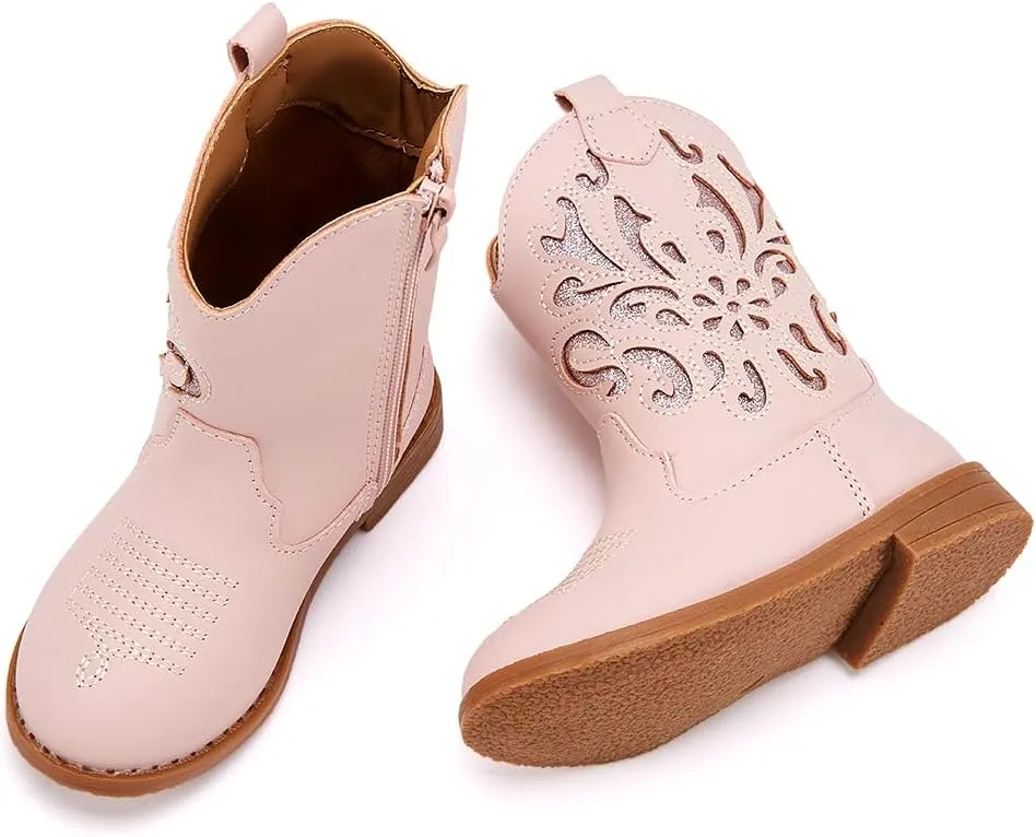 BMCiTYBM Girls Cowgirl Boots Unisex-Child Mid Calf Toddler Cowboy Boots Little Kids Western Boots Round Toe All Seasons Shoes