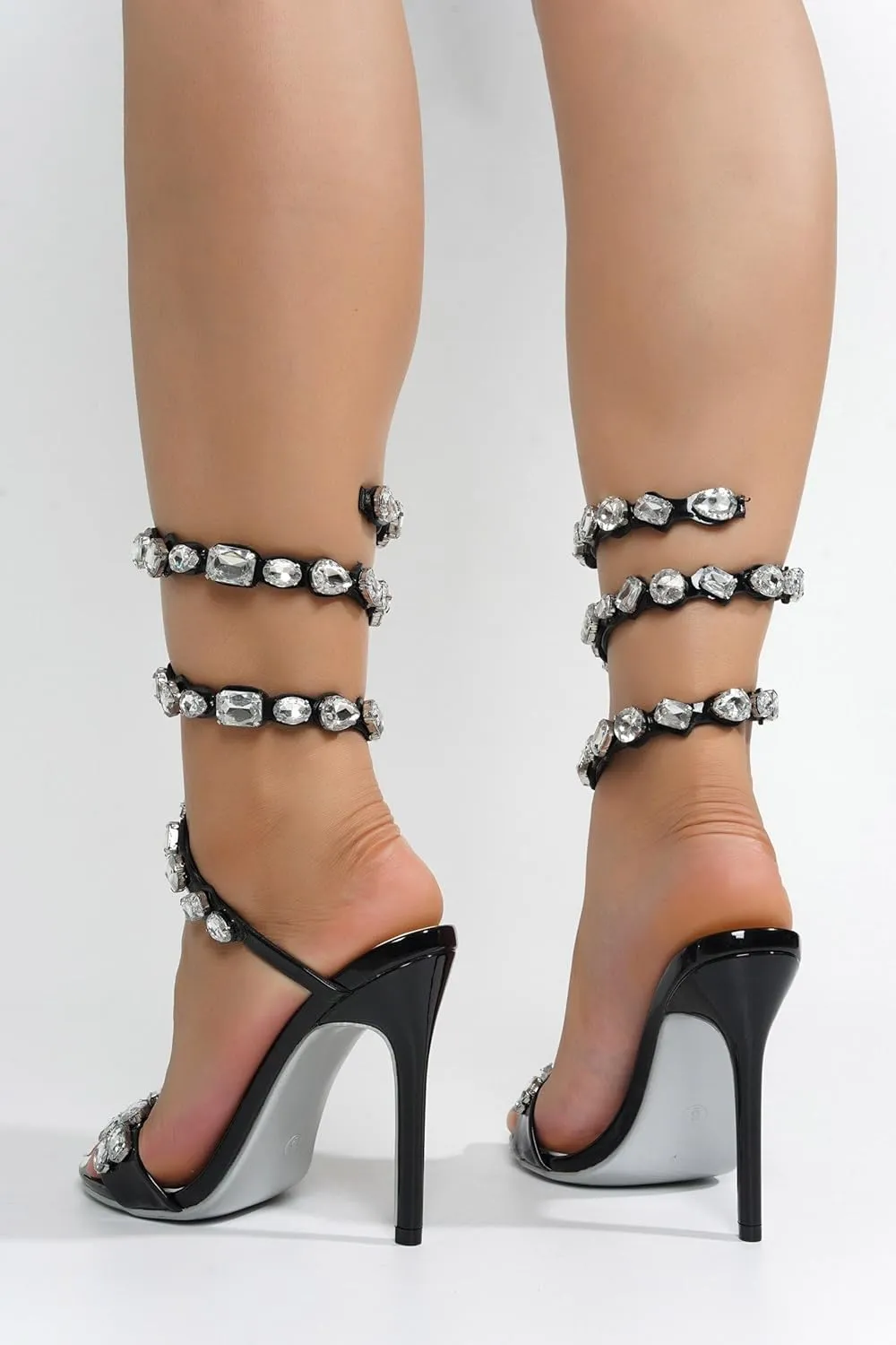 Cape Robbin Women's Rhinestone Stiletto Heel Sandals Jewel Spiral Ankle Wrap Strap High Heels Sandal