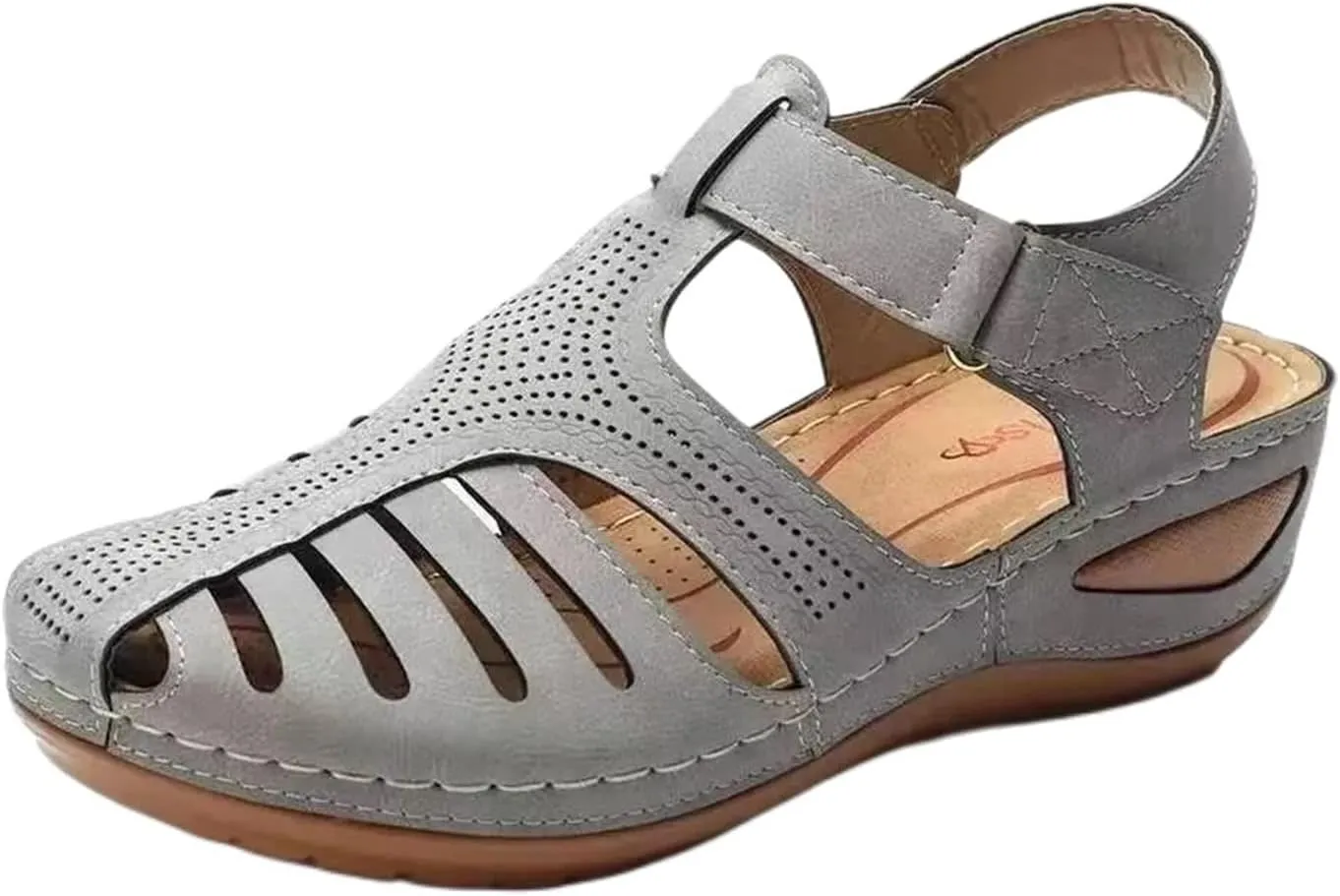 Closed Toe Sandals Women Arch Support Sandals Dressy Summer Ankle Strap Non-Slip Hollow Out Wedge Sandal Beach Shoes