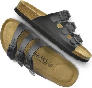 CLOUDAIR Ruth Sandals, Women’s Slides with Arch Support, Suede Vegan Leather, Adjustable 3 Buckle Straps and Cork Footbed