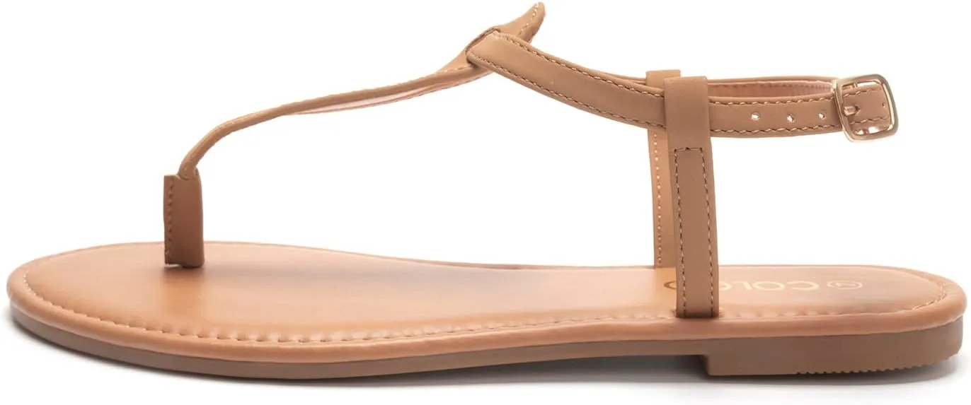 Colgo Thong Flat Sandals, Casual Women T-Strap Dress Sandals with Adjustable Ankle Buckle for Summer Wedding