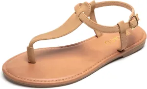 Colgo Thong Flat Sandals, Casual Women T-Strap Dress Sandals with Adjustable Ankle Buckle for Summer Wedding