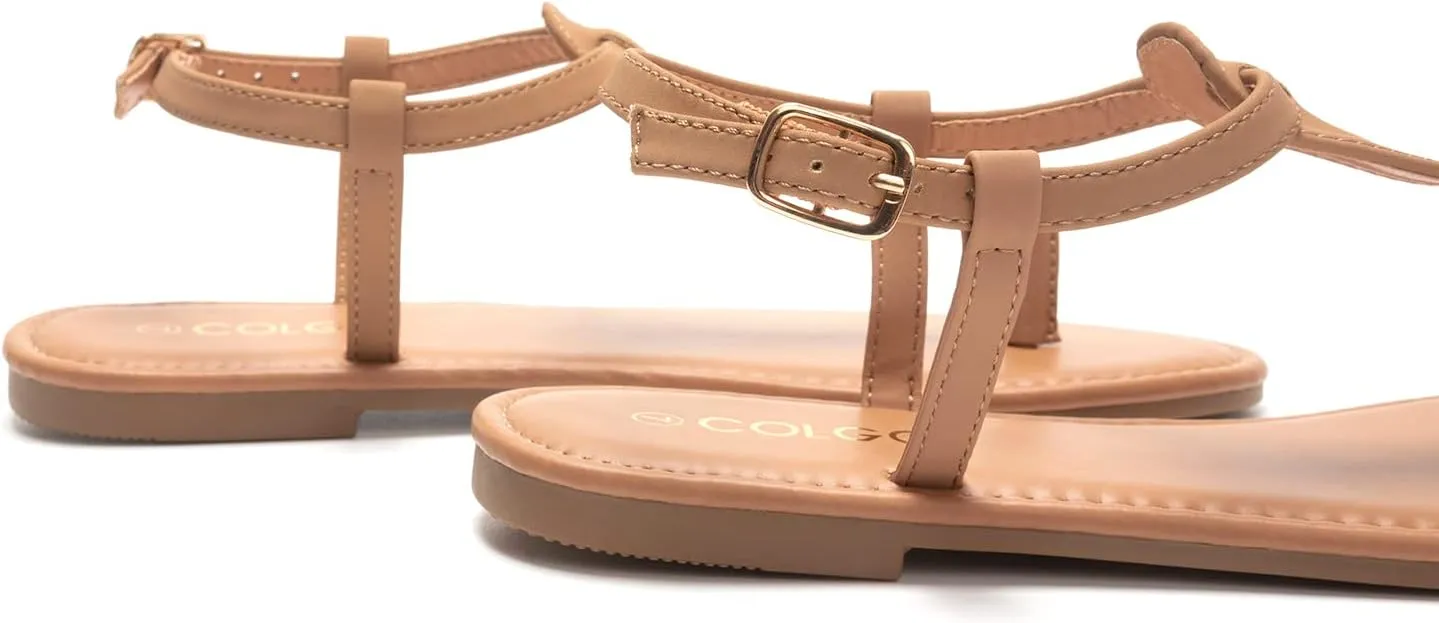 Colgo Thong Flat Sandals, Casual Women T-Strap Dress Sandals with Adjustable Ankle Buckle for Summer Wedding
