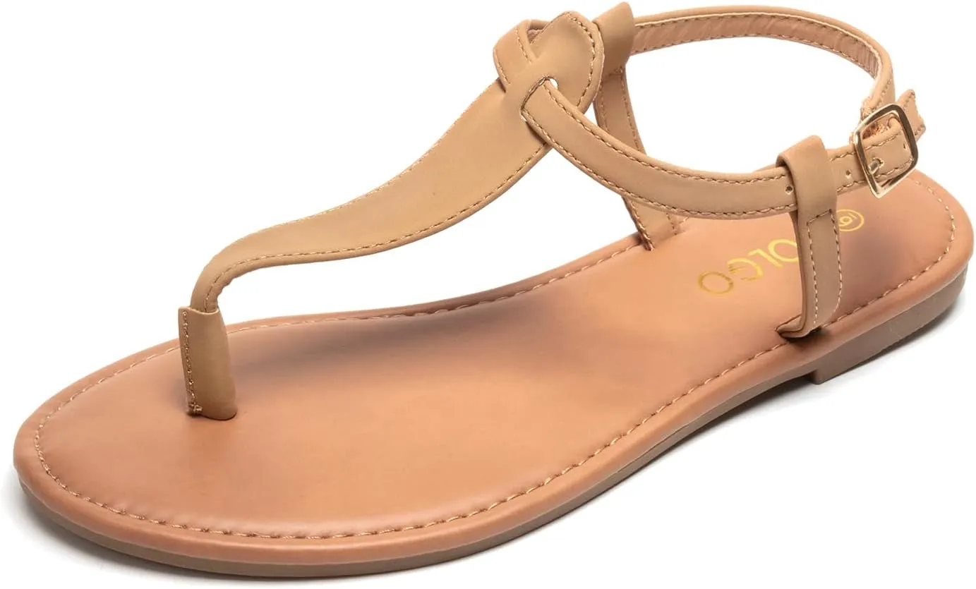 Colgo Thong Flat Sandals, Casual Women T-Strap Dress Sandals with Adjustable Ankle Buckle for Summer Wedding