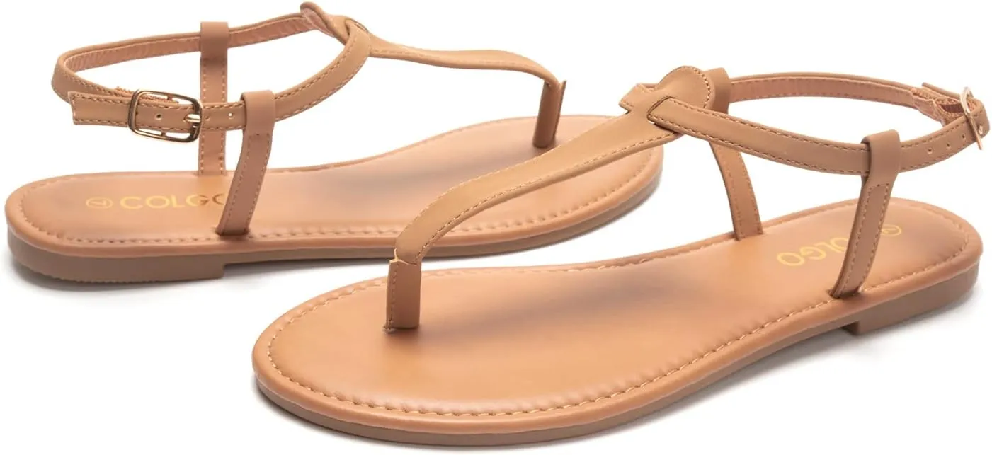 Colgo Thong Flat Sandals, Casual Women T-Strap Dress Sandals with Adjustable Ankle Buckle for Summer Wedding