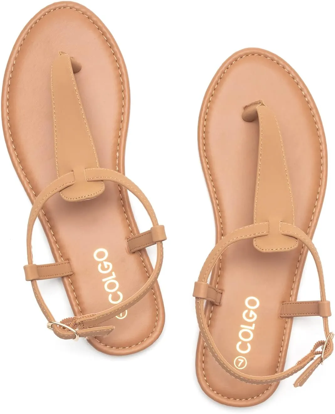 Colgo Thong Flat Sandals, Casual Women T-Strap Dress Sandals with Adjustable Ankle Buckle for Summer Wedding