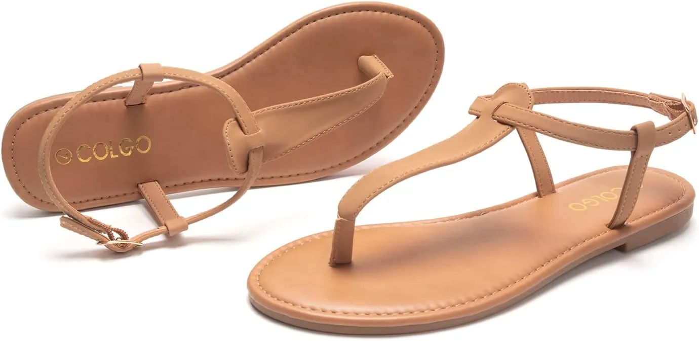 Colgo Thong Flat Sandals, Casual Women T-Strap Dress Sandals with Adjustable Ankle Buckle for Summer Wedding