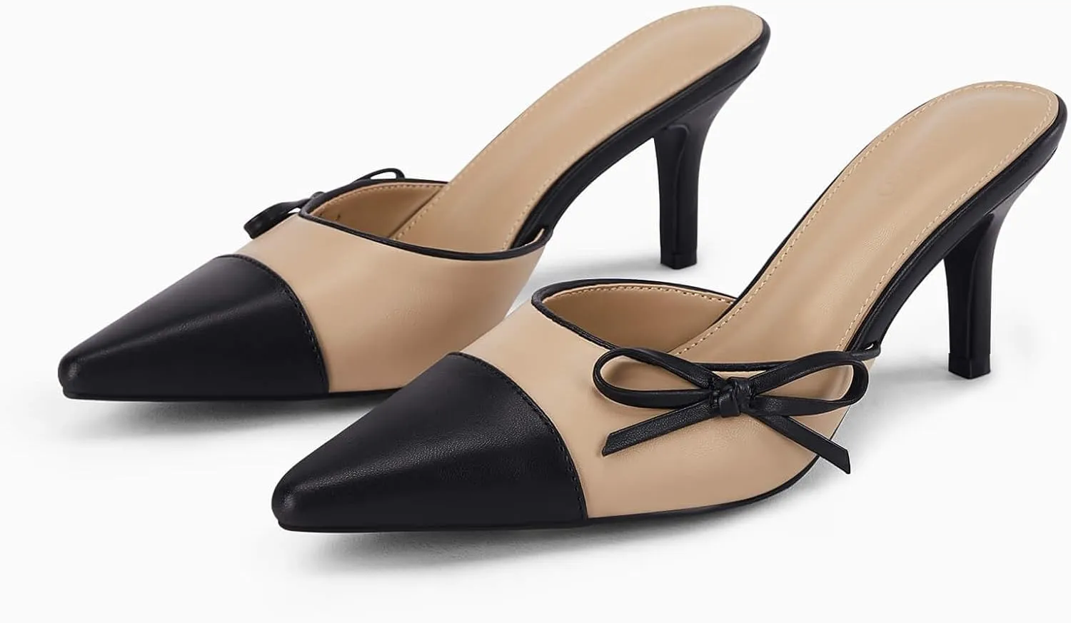 Coutgo Womens Bow Tie Mules Heels Two Tone Closed Pointed Toe Slip On Backless Wedding Dress Shoes Pumps