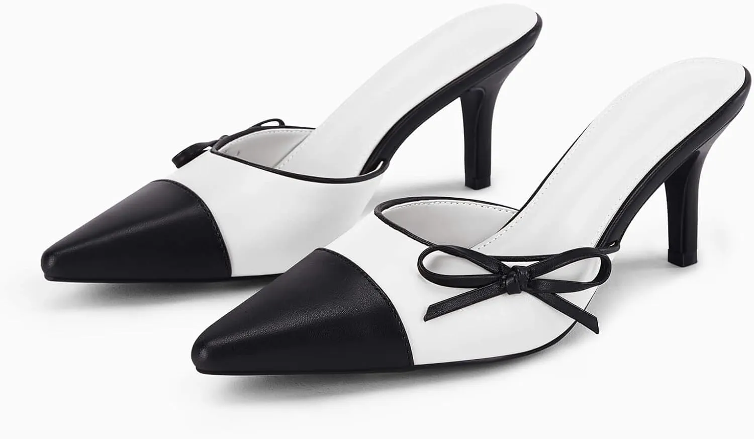 Coutgo Womens Bow Tie Mules Heels Two Tone Closed Pointed Toe Slip On Backless Wedding Dress Shoes Pumps