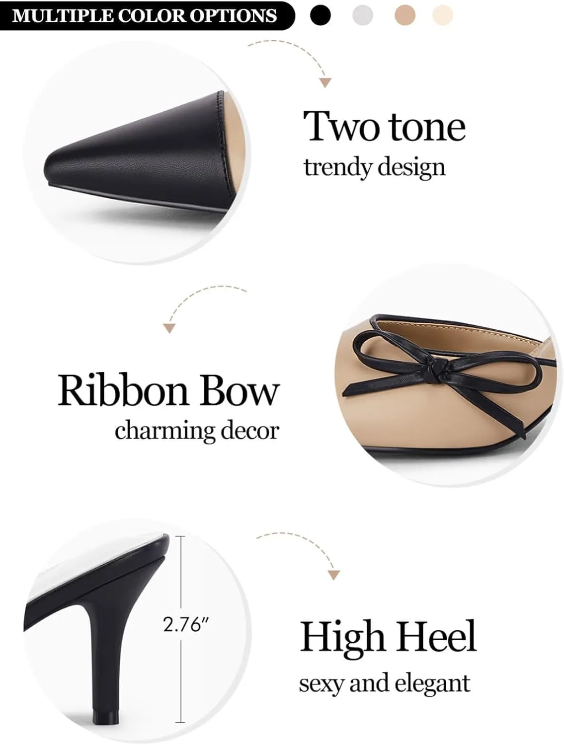 Coutgo Womens Bow Tie Mules Heels Two Tone Closed Pointed Toe Slip On Backless Wedding Dress Shoes Pumps