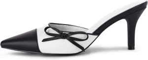 Coutgo Womens Bow Tie Mules Heels Two Tone Closed Pointed Toe Slip On Backless Wedding Dress Shoes Pumps