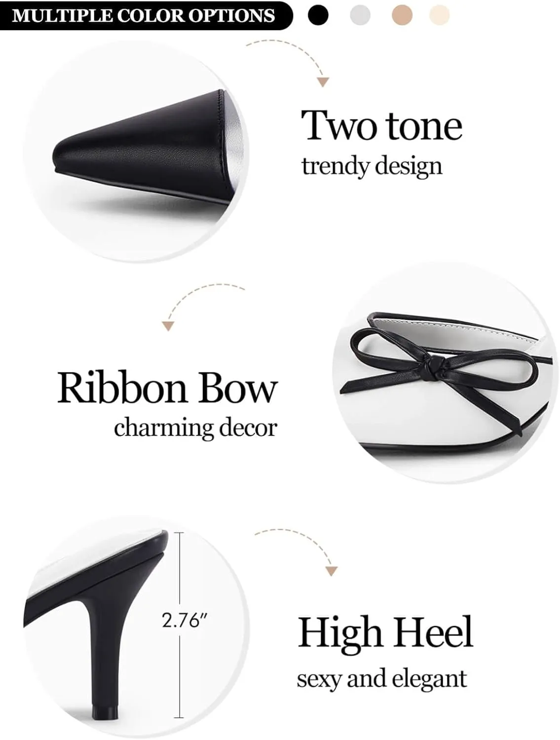Coutgo Womens Bow Tie Mules Heels Two Tone Closed Pointed Toe Slip On Backless Wedding Dress Shoes Pumps