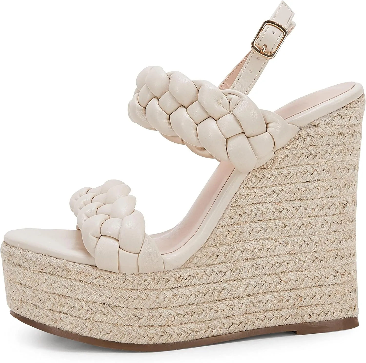 Coutgo Women's Braided Espadrille Platform Wedge Sandals Open Toe Two Strap Ankle Buckle Summer Shoes