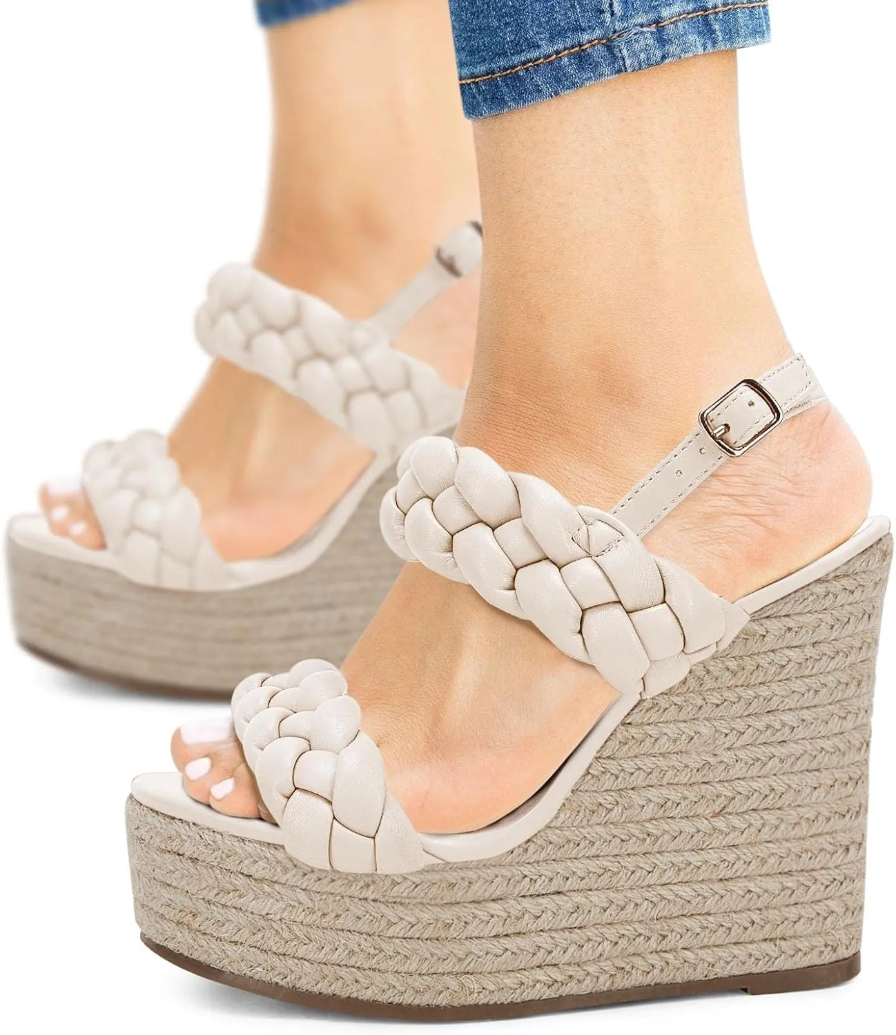 Coutgo Women's Braided Espadrille Platform Wedge Sandals Open Toe Two Strap Ankle Buckle Summer Shoes
