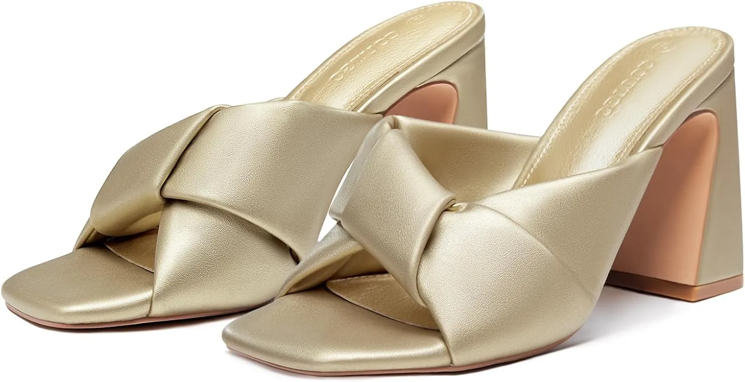 Coutgo Womens Chunky Heeled Mules Puffy Knot Square Open Toe Slip On Sandals Summer Evening Party Prom Shoes