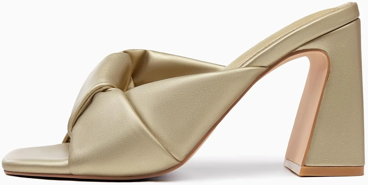 Coutgo Womens Chunky Heeled Mules Puffy Knot Square Open Toe Slip On Sandals Summer Evening Party Prom Shoes