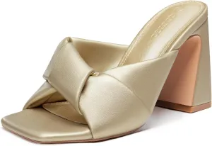 Coutgo Womens Chunky Heeled Mules Puffy Knot Square Open Toe Slip On Sandals Summer Evening Party Prom Shoes