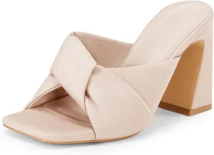 Coutgo Womens Chunky Heeled Mules Puffy Knot Square Open Toe Slip On Sandals Summer Evening Party Prom Shoes