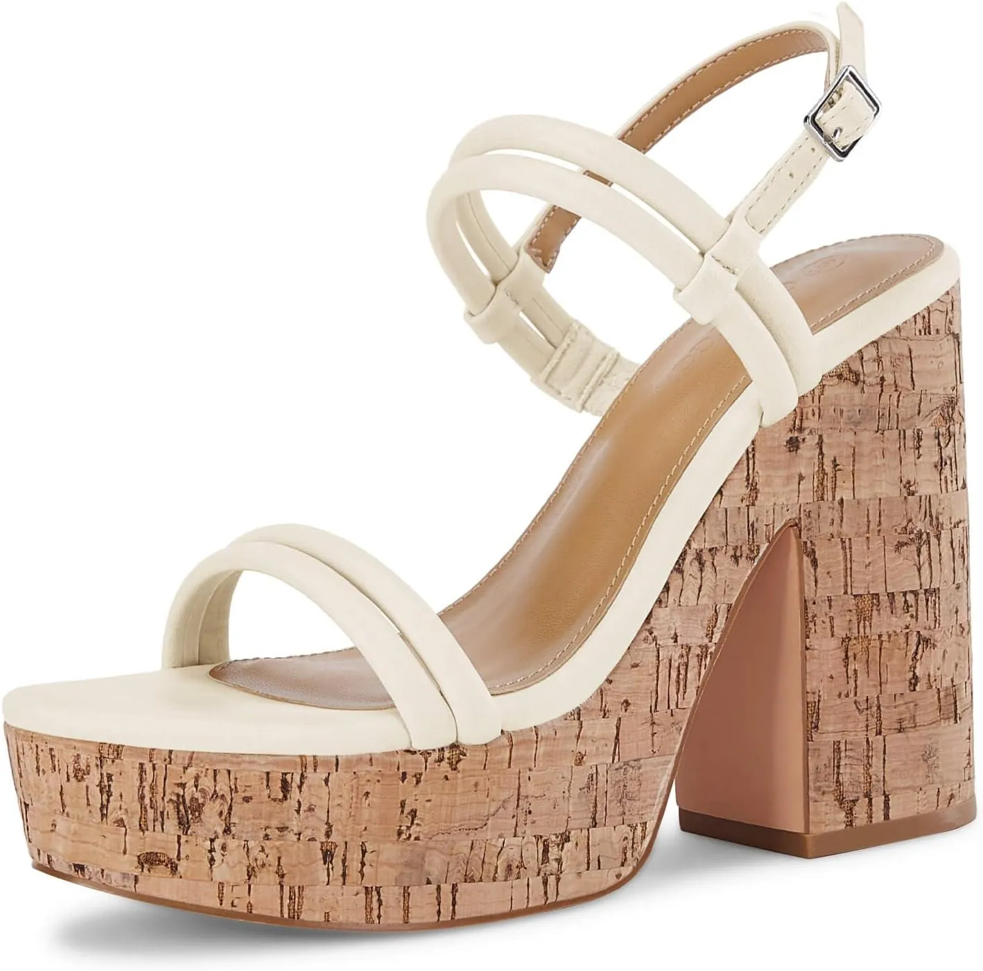 Coutgo Womens Cork Wedge Sandals Heels Open Toe High Heel Platform Slingback Ankle Strap Buckle Summer Dressy Shoes