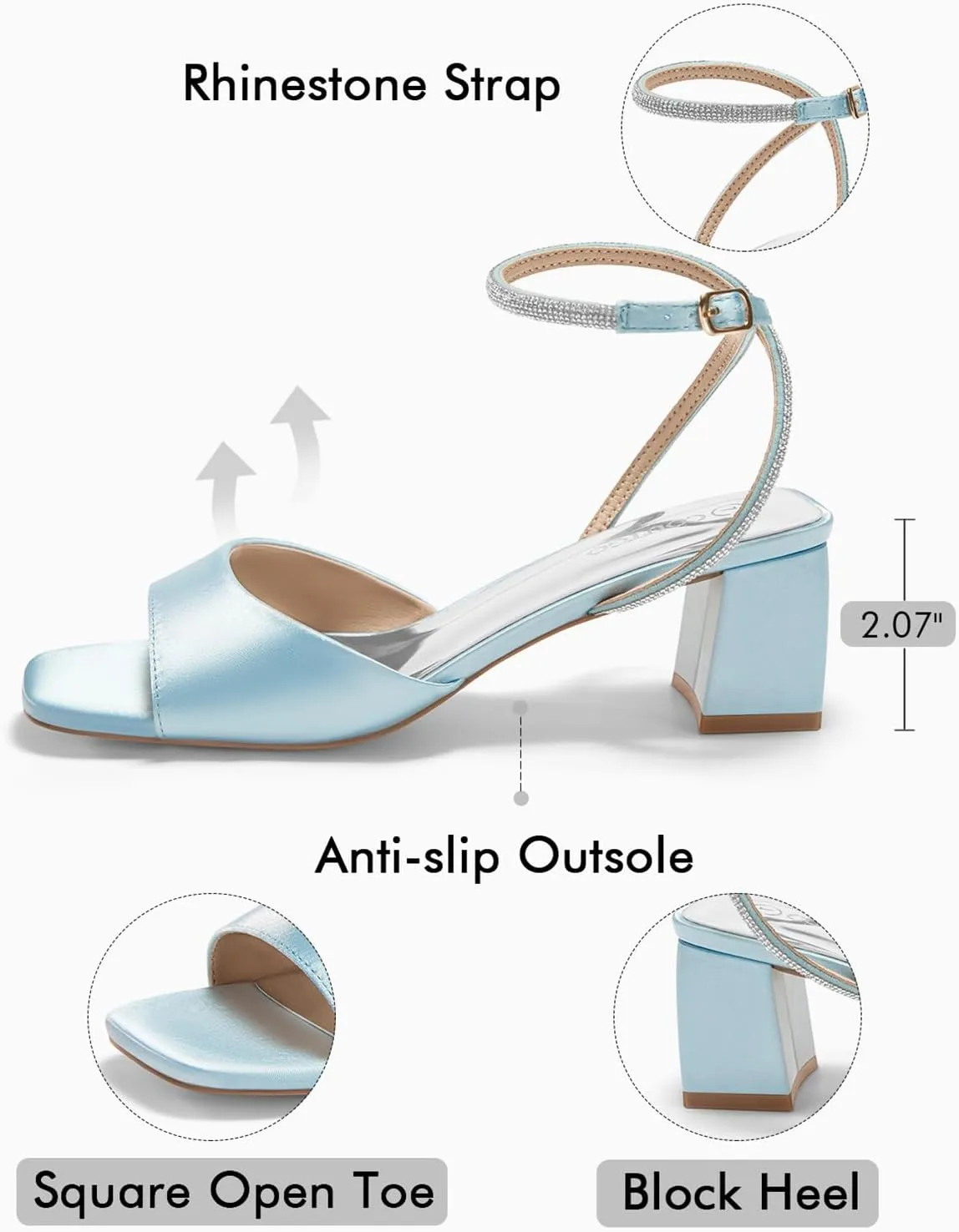 Coutgo Womens Heeled Sandals Rhinestone Chunky Low Heels Satin Square Toe One Strap Ankle Buckle Dress Shoes