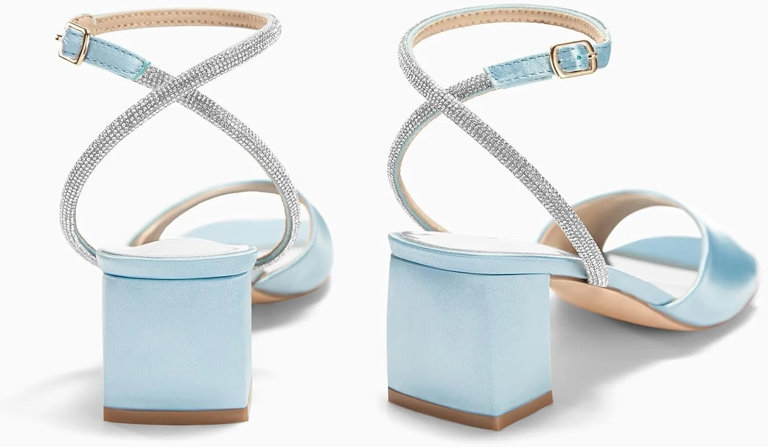 Coutgo Womens Heeled Sandals Rhinestone Chunky Low Heels Satin Square Toe One Strap Ankle Buckle Dress Shoes