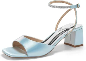 Coutgo Womens Heeled Sandals Rhinestone Chunky Low Heels Satin Square Toe One Strap Ankle Buckle Dress Shoes